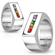 Stainless Steel Centered String of Rainbow Color Gems Square Band Ring