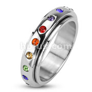 Stainless Steel Mirror Polished Spinner Ring with Rainbow Color Gems