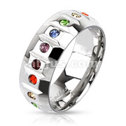 Stainless Steel Segmented Multi Beveled Rainbow Color Gems Band Ring