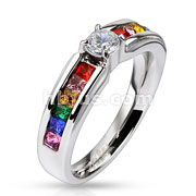 Stainless Steel Engagement Band Ring with Clear Center Gem and Rainbow CZs  