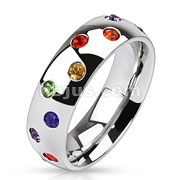 Stainless Steel Dome Band Ring with Multi Paved Rainbow CZs