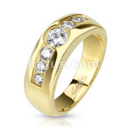 Stainless Steel Gold IP Central CZ Band Ring with Paved CZ on Sides