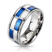 Stainless Steel Duo Tone Blue IP Checker Band Ring