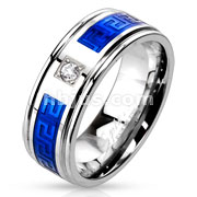 Stainless Steel Duo Tone Blue IP Round CZ Centered Maze Inlay Band Ring