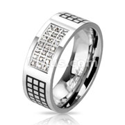 Stainless Steel Grid Pattern Engrave with Windowpane Micro Paved CZ Band Ring