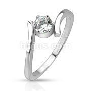 Stainless Steel Prong CZ Solitaire Swirl Wrapped Band Ring