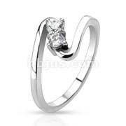Stainless Steel Prong Twin CZ Soft Single Wave Band Ring
