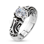Stainless Steel Clear CZ Solitaire Prong Set with Tribal Decorative Cast Ring
