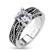 Stainless Steel Clear CZ Solitaire Prong Set Sea Wave Cast Ring