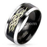 Stainless Steel Duo Tone Black IP Centered Tribal Inlay Band Ring