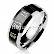 Stainless Steel Black IP Center with Roman Numerals Beveled Edge Band Ring