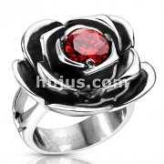 Stainless Steel Red CZ Centered Fully Bloomed Rose Cast Ring 