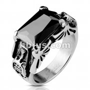 Stainless Steel Faceted Rectagle Onyx Gem Cyber Bat Wings Cast Ring 