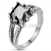 Stainless Steel Faceted Onyx Square Gem Dragon Claw Cast Ring 