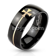 Stainless Steel Black IP with Elongated Iron Cross Dome Band Ring 