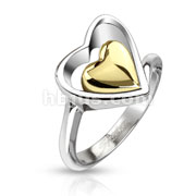 Stainless Steel Gold IP Heart Within Hollow Heart Band Ring