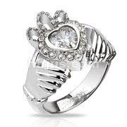 Stainless Steel Claddagh Crown Heart with Multi CZ Cast Ring