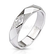 Stainless Steel Diamond Cut Faceted Band Ring with Triple Center CZs