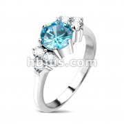 Stainless Steel Large Sea Blue CZ with Multi CZ on Side Prong Set Band Ring