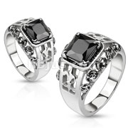 Stainless Steel Rose Royal Fleur De Lis Set Black Square Gem Cast Ring