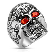 Stainless Steel Day of The Dead Skull with Red CZ Eyes Cast Ring