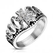 Stainless Steel Multi CZ Paved Cross Crown Cast Ring 