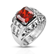 Stainless Steel Rose of Royal Fleur De Lis Set Ruby Red Square Gem Cast Ring