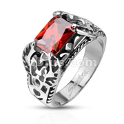 Stainless Steel Soaring Wings Royal Fleur De Lis Set with Red Gem Cast Ring