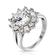Stainless Steel Multi CZ Flower Prong Set Band Ring