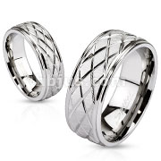 Stainless Steel Two Tone Diamond Groove Cut Engraved Band Ring