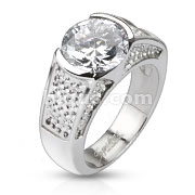 Stainless Steel Large Faceted CZ and Snow Grooved Cast Ring 