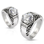 Stainless Steel Tribal Hexagon Faceted Large CZ with Side Gems Cast Ring 