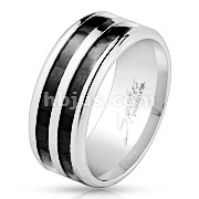 Stainless Steel Double Black Carbon Fiber Inlay Wide Band Ring