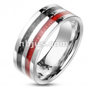 Stainless Steel Double Black and Red Carbon Fiber Inlay Wide Band Ring