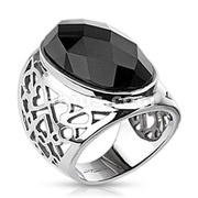 Stainless Steel Onyx Faceted Oval CZ Centered Ornamental Heart Frame Wide Cast Ring