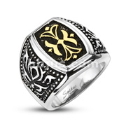 316L Stainless Steel Gold IP Center Ornamental Cross Wide Cast Ring