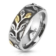 316L Stainless Steel Gold IP Accented Leaflets on Vine Cast Band Ring