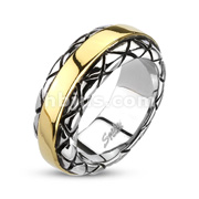 316L Stainless Steel Gold IP Stripe Checkered Cast Ring
