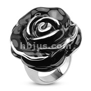 316L Stainless Steel Black IP Full Bloom Rose Top Band Ring