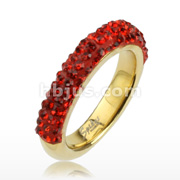 Gold IP over 316L Stainless Steel Ring with Red Multi CZ Ferido Half-round Band Ring