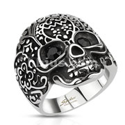 Stainless Steel Decorated Skull with Black Gemmed Eyes Wide Cast Ring