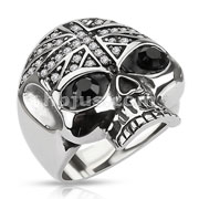 Stainless Steel Paved  UK Flag Skull with Black Gemmed Eyes Wide Cast Ring 