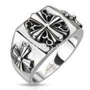 Stainless Steel Floral Cross Design Wide Cast Ring