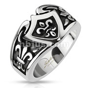 Stainless Steel Embossed Fleur De Lis Shield Cast Ring