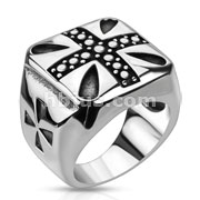 Stainless Steel Bead Engraved Cross Wide Cast Ring