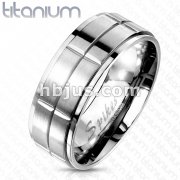 Solid Titanium Brushed Cross Grooved Center Band Ring