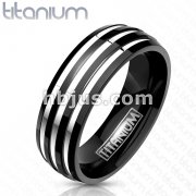 Solid Titanium with Three Stripes on a Black Band Ring