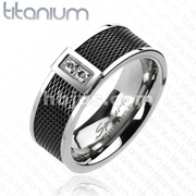 Solid Titanium Black IP Mesh Center with 2 CZ Block Band Ring