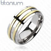 Solid Titanium Double Gold IP Round Stripe Band Ring