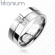 Solid Titanium 2-Tone Mirror Finish & Brushed Metal Triple CZ Band Ring